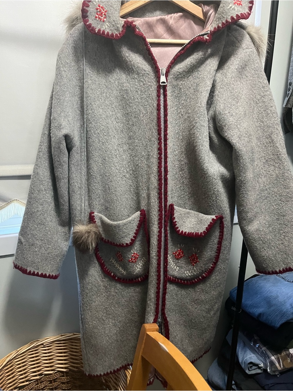 Wool-Blend Hooded Coat with Embroidered Trim - Light Gray / Burgundy